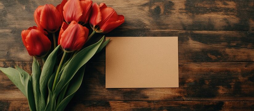 Overhead view of a blank card with red tulips on a rustic wooden table perfect for personalized messages or greetings
