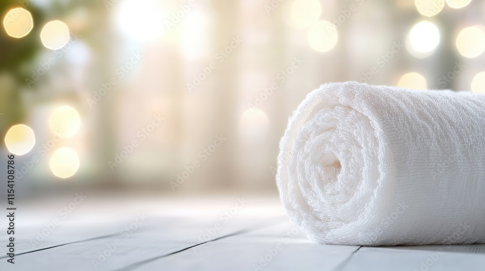 Aufkleber Spa setting with rolled white towel and soft bokeh background for relaxation and wellness themed imagery.
