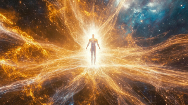 A radiant figure emanating golden energy amidst a vast cosmic background, symbolizing enlightenment, spirituality, and universal connection