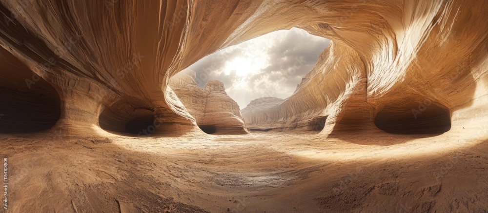 Poster stunning panoramic view of an ancient canyon with dramatic rock formations and soft clouds illuminat