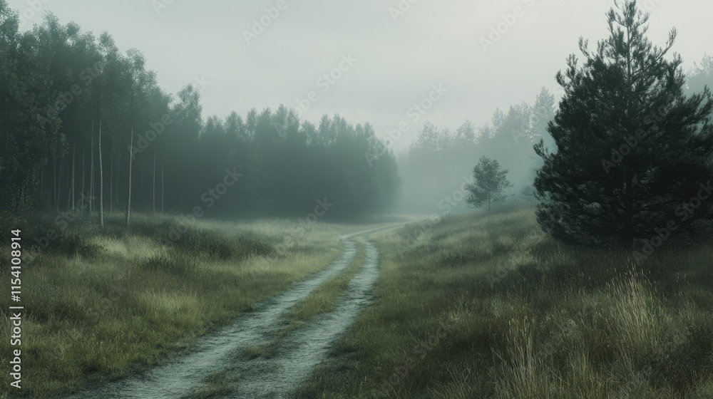 Poster mysterious overgrown road winding through a green forest shrouded in fog creating an atmospheric nat