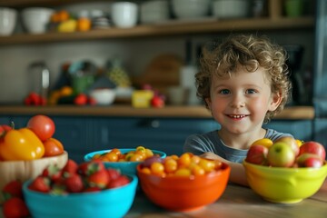 Fototapeta premium A cheerful child with curly hair smiling at the camera surrounded by colorful food bowls