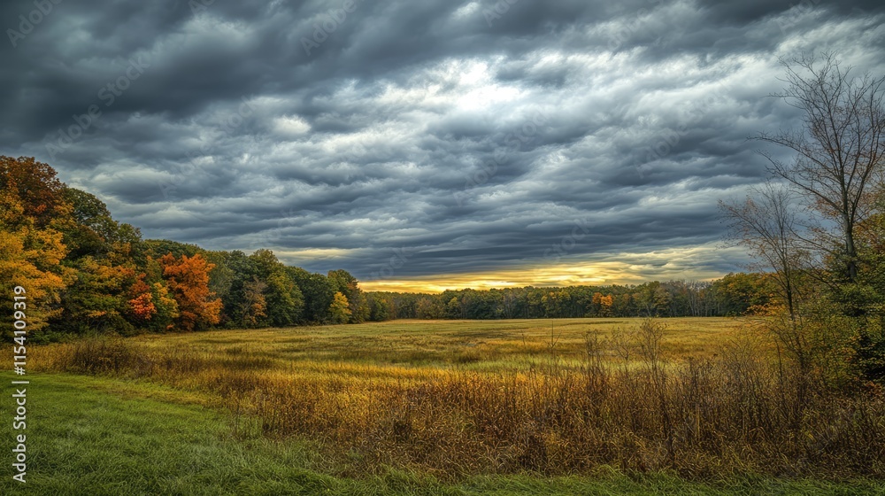 Aufkleber dramatic overcast sky with textured clouds over a golden autumn landscape in a tranquil open field a