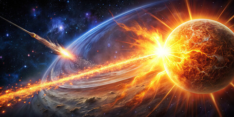 Obraz premium A massive celestial explosion occurs near a vibrant sun surrounded by swirling planetary rings. A shooting star streaks across the vast cosmos, illuminating the dark expanse