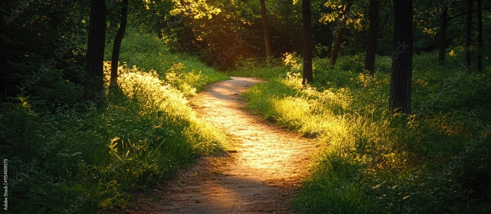 Poster sunlit forest pathway surrounded by greenery and wildflowers in a tranquil nature setting