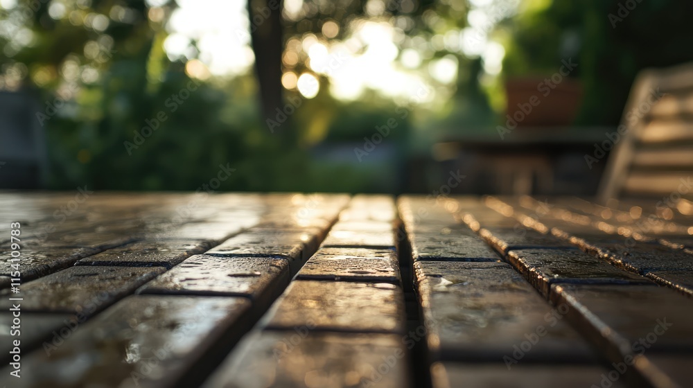Poster outdoor tabletop with a grid pattern and sunlit background showcasing a tranquil and serene outdoor 