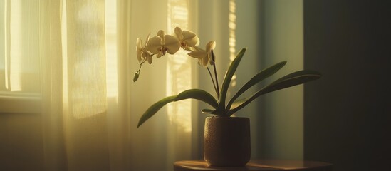 Elegant orchid blooms in a modern pot illuminated by soft natural light by a window creating a serene indoor atmosphere