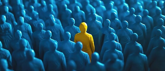 Fototapeta premium A person in yellow stands out among the blue people