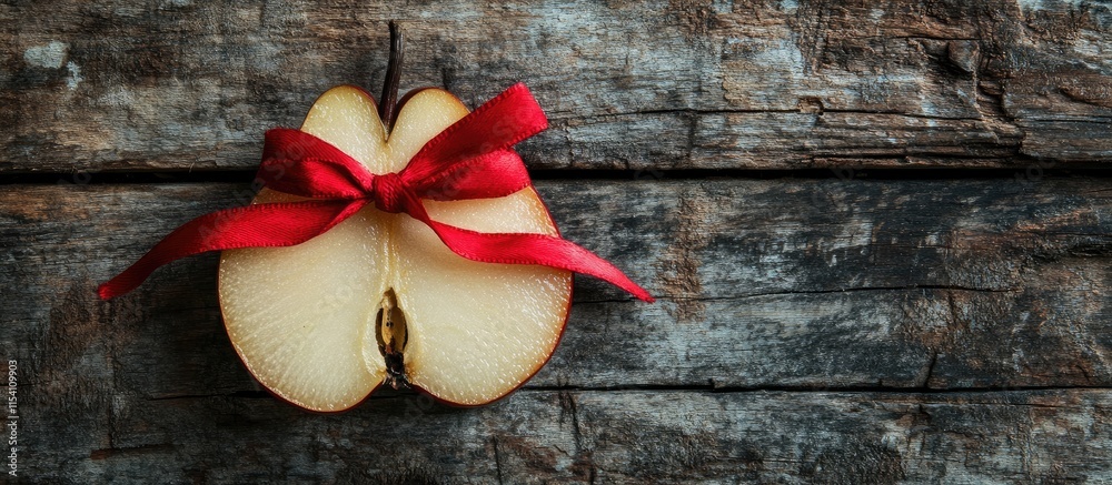 Poster holiday-themed pear slice decorated with a red ribbon on rustic wooden background for festive culina