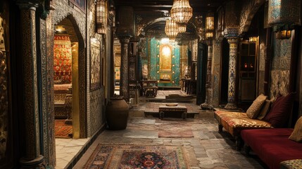 Intricate historic architecture of a traditional caravanserai showcasing rich decor and a vibrant bazaar atmosphere.