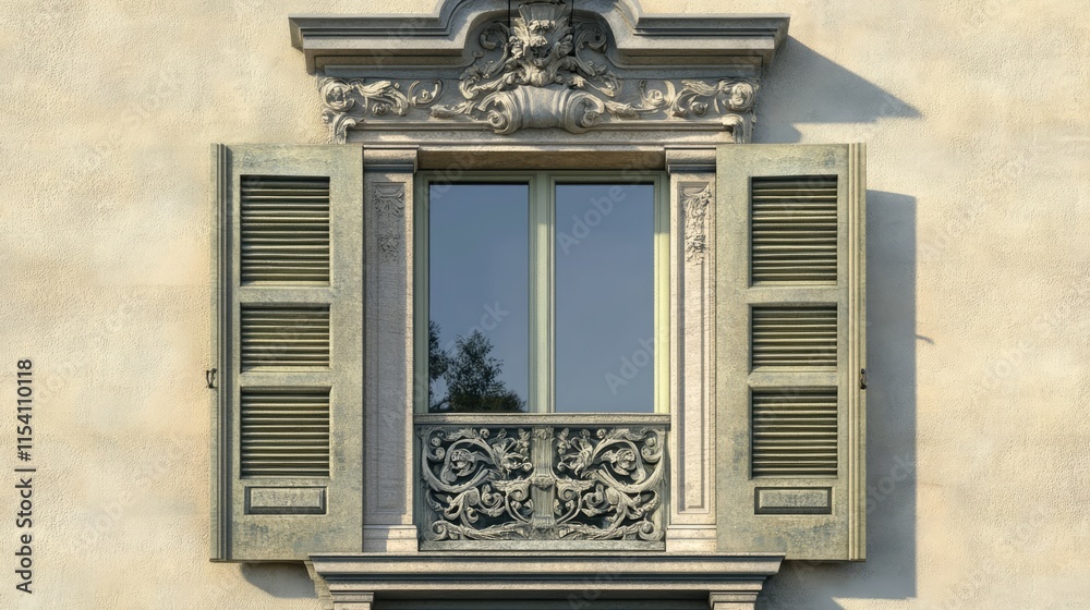 Poster elegant ornamented window with decorative shutters and intricate architectural details against a sto