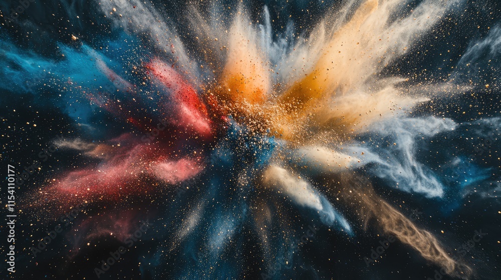 Poster colorful powder explosion creating a vibrant abstract design on a dark background showcasing motion 