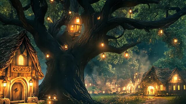 Enchanting elf village nestled under a giant oak tree illuminated at night, Elf village under giant oak tree at night ing background