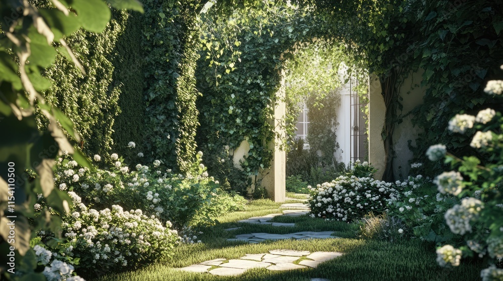 Poster lush overgrown garden path with ivy and blooming flowers illuminated by sunlight creating a serene a