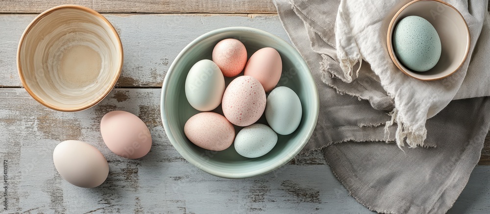 Poster pastel colored easter eggs in a handmade dish with bowls and towel on rustic wooden surface with ove