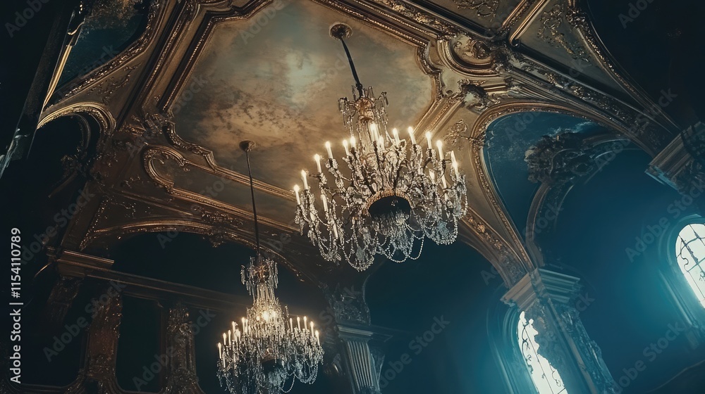 Poster ornate ceiling with intricate details and elegant chandeliers illuminating historical architecture in a dramatic setting