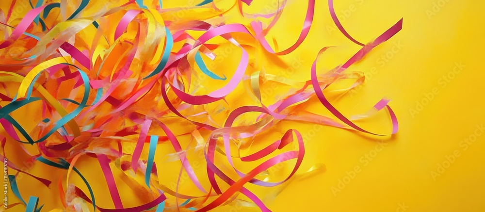 Poster colorful party streamers scattered across a vibrant yellow background creating a festive and cheerfu