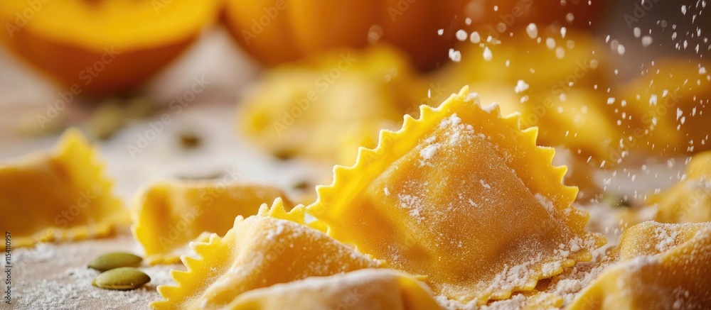 Poster pumpkin filled ravioli uncooked with flour and pumpkin seeds on a blurred background of fresh pumpki
