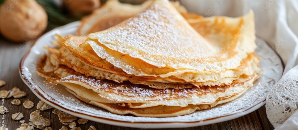 Poster Oatmeal pancakes stacked on a plate dusted with powdered sugar and surrounded by oats and nuts on a rustic table setting
