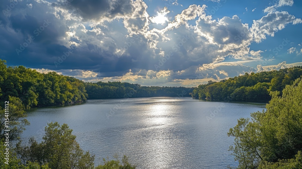 Poster sunlight breaking through overcast clouds illuminating a serene lake surrounded by lush green forest