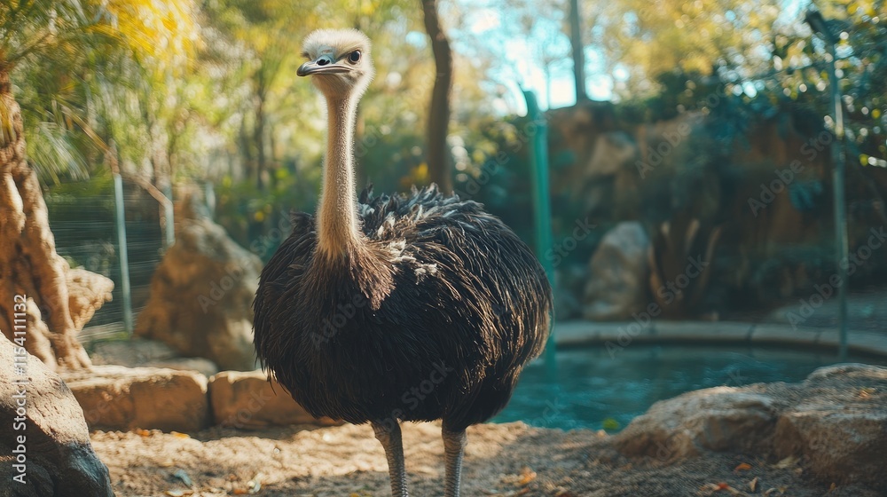 Aufkleber ostrich standing in a zoo with a fluffy black body and curious expression surrounded by greenery and