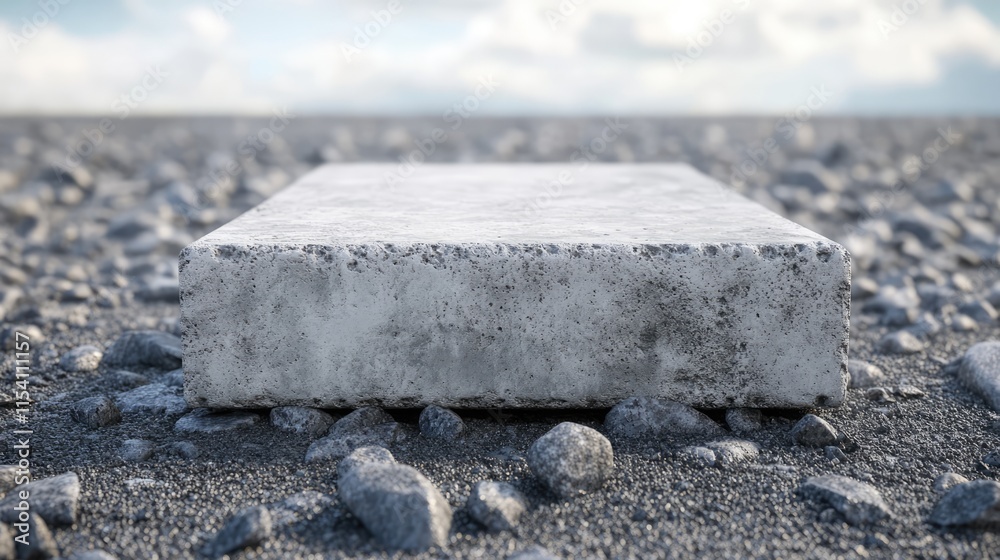 Poster concrete block on gravel ground with focus on texture and perspective in a natural outdoor setting s