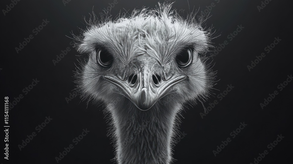 Poster ostrich close-up portrait showcasing expressive eyes and unique feather detail against a dark backgr