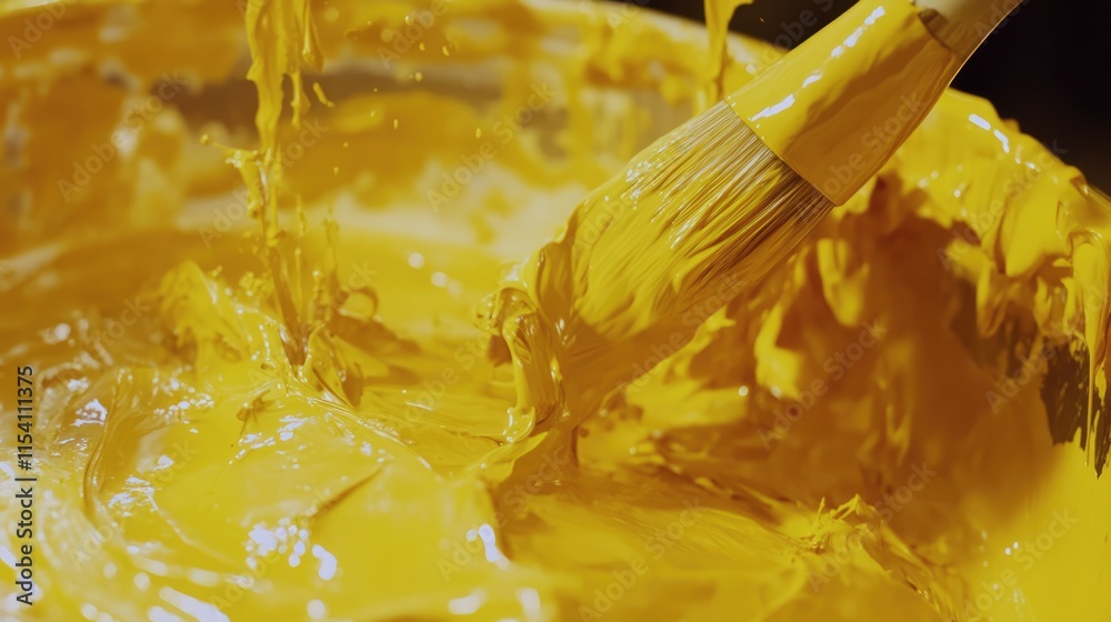 Poster closeup of a paintbrush immersed in vibrant yellow paint within a container showcasing rich texture 