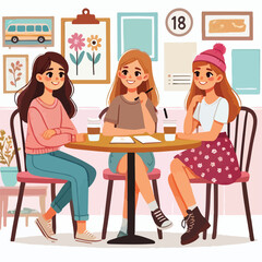 Fototapeta premium Flat young girl friends in cafe on meeting vector image vector on a white background