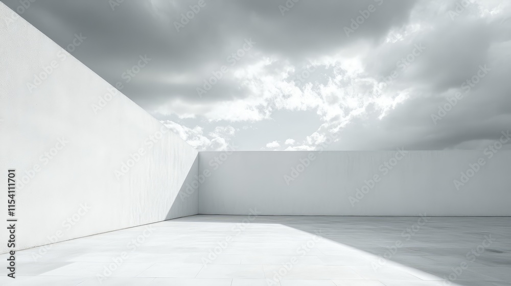 Poster overcast sky with gray clouds and bright light casting shadows on a minimalist white architectural s