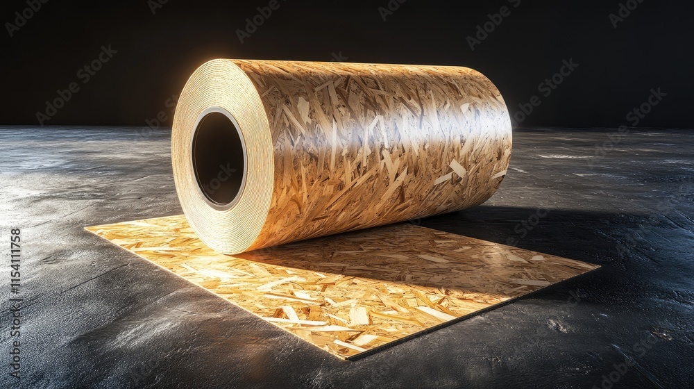 Aufkleber Oriented strand board OSB roll showcasing wood chips pressed for flooring applications against a dark background in a modern setting