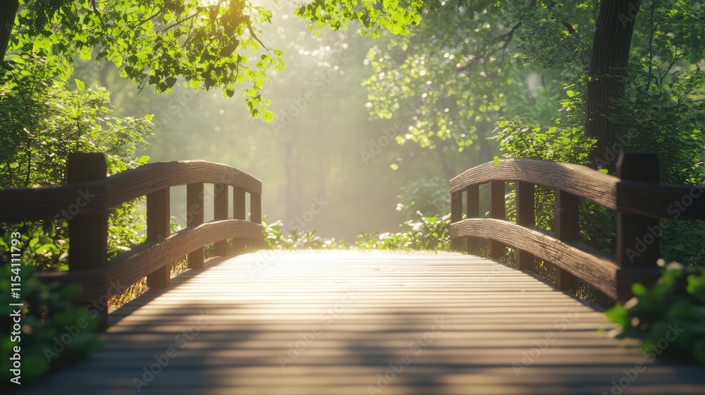 Poster Scenic wooden bridge illuminated by sunlight in a tranquil forest setting with lush greenery and soft, warm lighting.