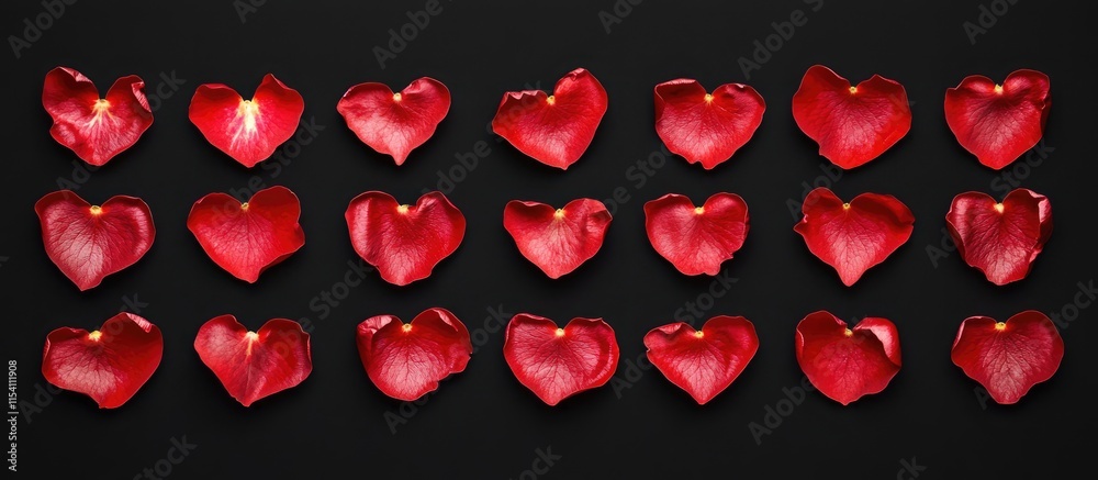 Poster red heart-shaped rose petals arranged on a black background creating a romantic pattern ideal for gr