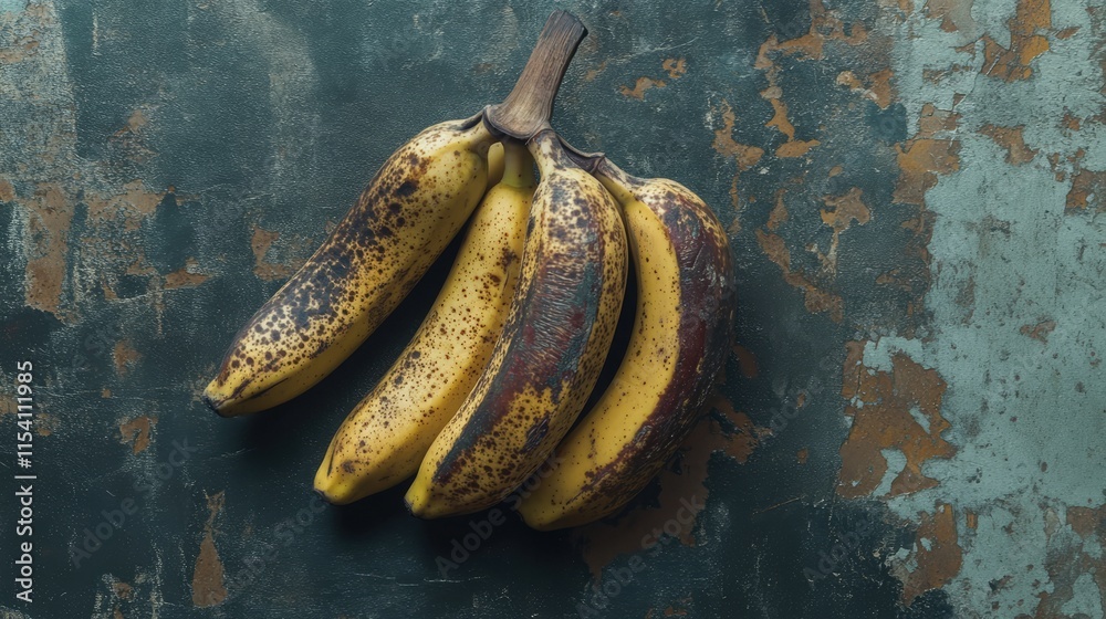 Poster overripe bananas with dark spots arranged on rustic background showcasing natural decay and texture 