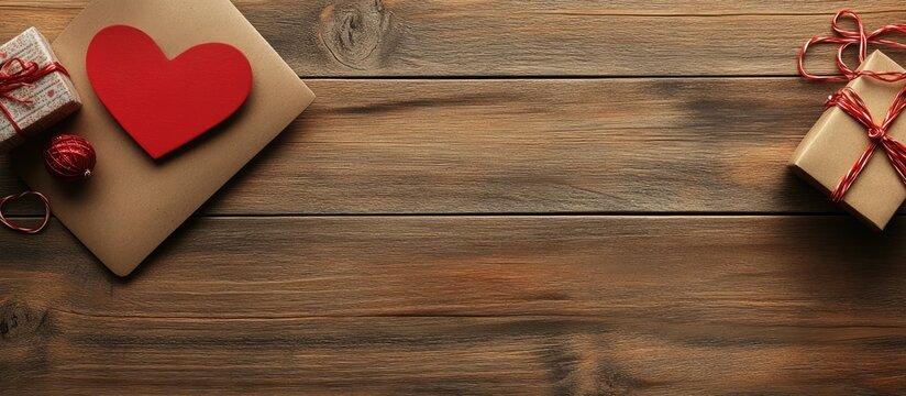 Romantic setting with heart shaped envelope gift boxes on a rustic wooden table perfect for love notes and special occasions