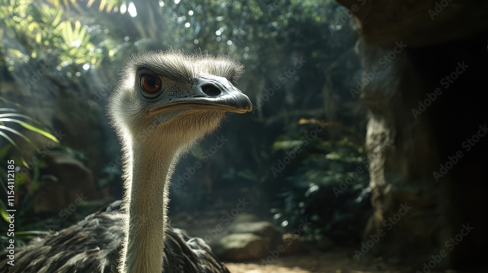 Poster Ostrich up close in a lush zoo environment showcasing its distinctive features and surrounding greenery