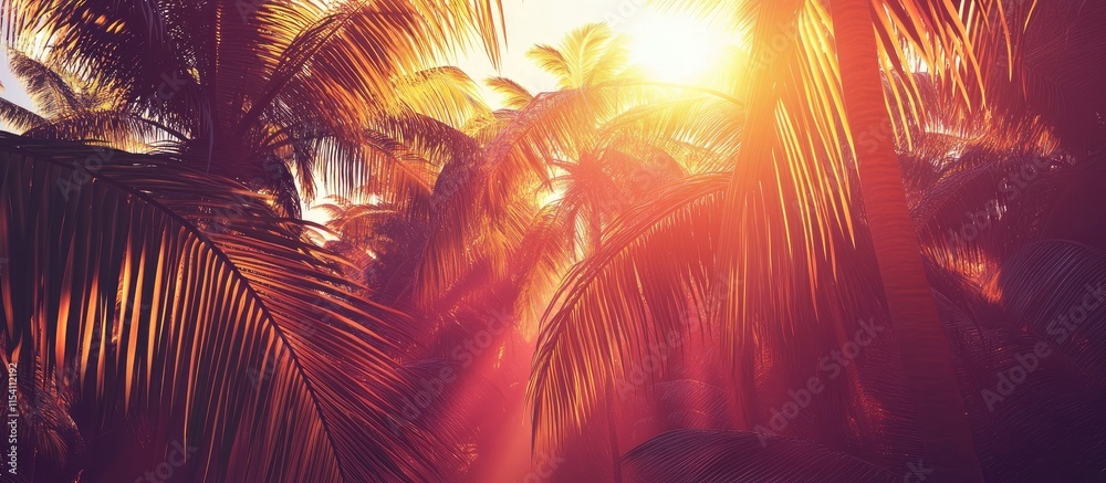 Poster sunset rays illuminating a serene palm grove creating a vibrant tropical atmosphere filled with warm