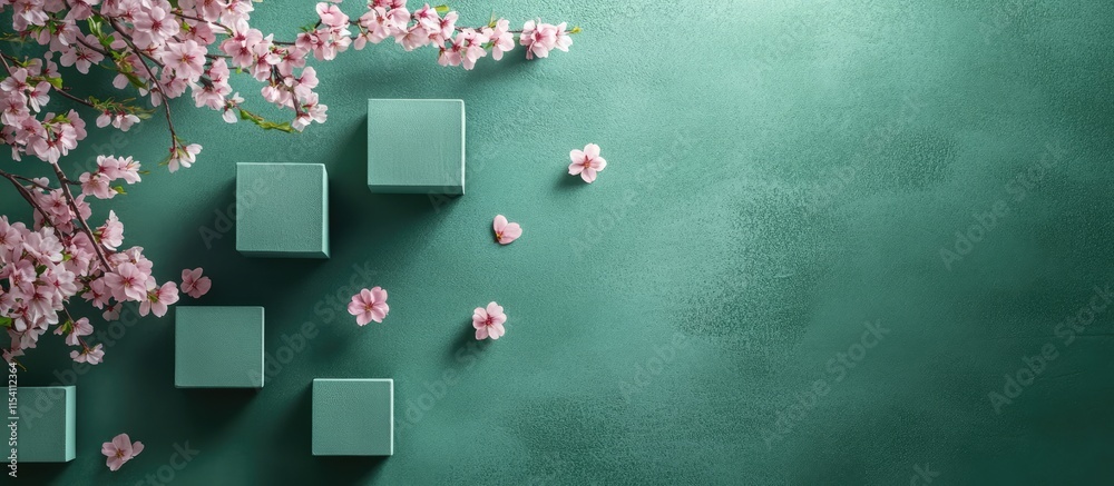 Poster Elegant teal background with cherry blossom petals and geometric boxes creating a serene and artistic composition for creative projects.