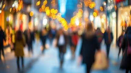 Blurred urban street scene with festive lights and pedestrians creating a dreamy bokeh effect, capturing the essence of city life.