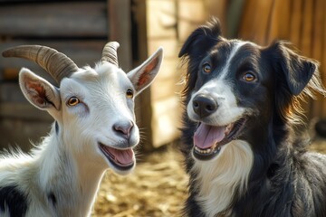 Obraz premium Border collie and goat enjoying playful moments filled with joy on a sunny farm