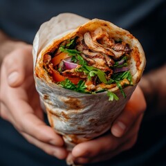 Warm Pita Wrap Filled With Grilled Meat, Fresh Vegetables, and Herbs in a Cozy Setting