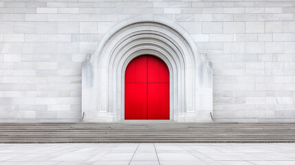 Fototapeta premium a striking red door framed by a white stone archway in an elegant plaza setting