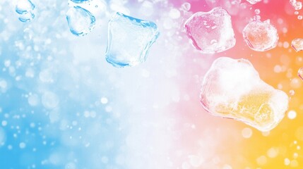 Ice Cubes on Colorful Background with Bubbles and Water Droplets