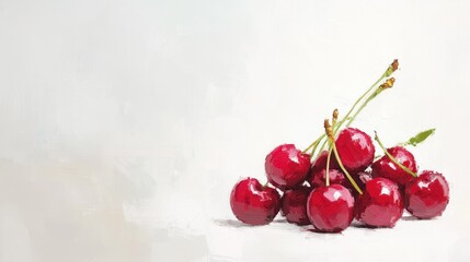 A still life oil painting of a cluster of cherries with their stems, creating a contrast against the plain white background. 