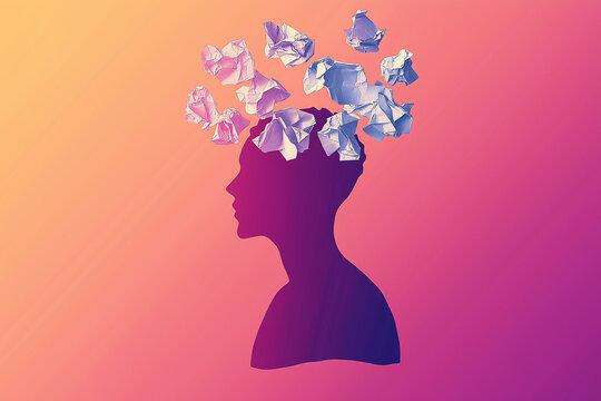 Kreative Gedanken visualisiert durch Papierschnipsel und Silhouette

