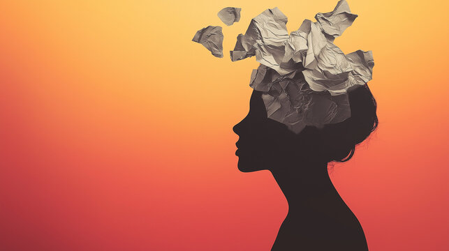 Kreative Gedanken visualisiert durch Papierschnipsel und Silhouette


