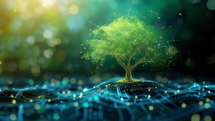 Digital tree with glowing nodes and connection. Concept of Data visualization, Artificial intelligence, Website structure and hierarchy, Green Technology and Sustainability. - Powered by Adobe