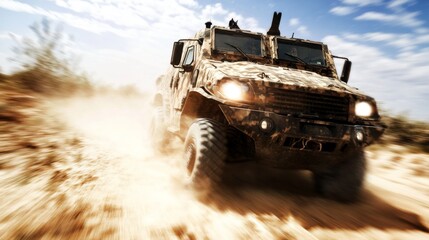 Fototapeta premium Off-Road Military Vehicle in Action, Kicking Up Dust on Fiery Ground Under Bright Sky, Symbolizing Power and Resilience in Harsh Environments