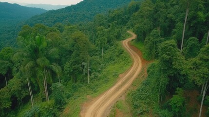 Fototapeta premium Serene Aerial View of Winding Dirt Road Through Lush Green Rainforest