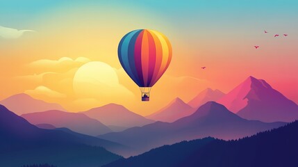 Fototapeta premium A vibrant hot air balloon floating in the sky, with mountains in the distance.
